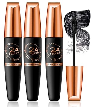 3 PCS Waterproof Silk Fibre Thick Lengthening Mascara, 4D Silk Fiber Lash Mascara for Women, Long Lasting Smudge-Proof Curling Eyelashes Mascaras Black Volume and Length Natural, All Day Full 3 PCS