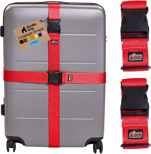 GORILLA GRIP GORILLA GRIP Heavy Duty Luggage Straps for Suitcase, 2 Pack, Red | TSA Accessible, Adjustable Travel Belt Connector Holds Suitcase Together, Extends Life of Bag,Connects Two Bags