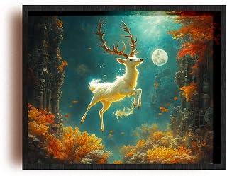 (Unframed) (10 x 8 IN) Matte Wall Art Print Of Steampunk Ethereal Moonlight Deer Wall Art Poster - Twirling in Autumn Wind Underwater Coral Reef - Victorian Fantasy Decor for Home,. - 925POSMk1448cWH
