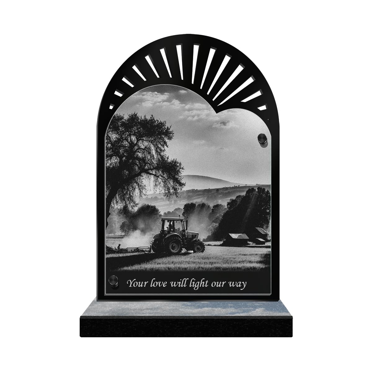 ETERNEL - Personalized Funeral Plaque Sun Rays - Tractor, Farm, Farmer, Peasant - Customizable text, laser-engraved funeral plaque for tribute, tombstone, funeral