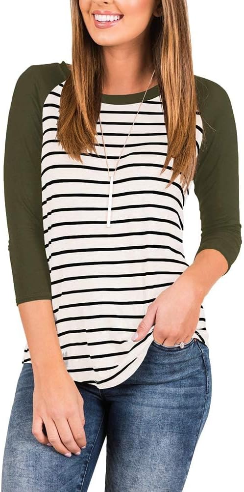INFITTY Women's 3/4 Sleeve Raglan Striped T Shirt Baseball Tunic Tops Blouse