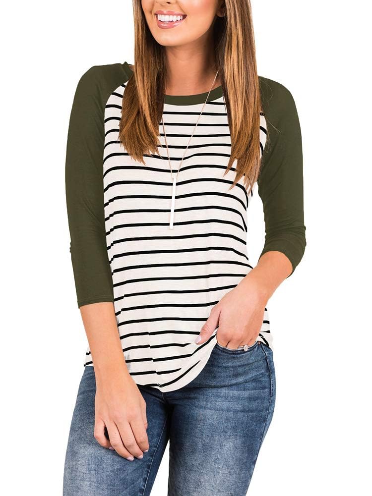INFITTY Women's 3/4 Sleeve Raglan Striped T Shirt Baseball Tunic Tops Blouse