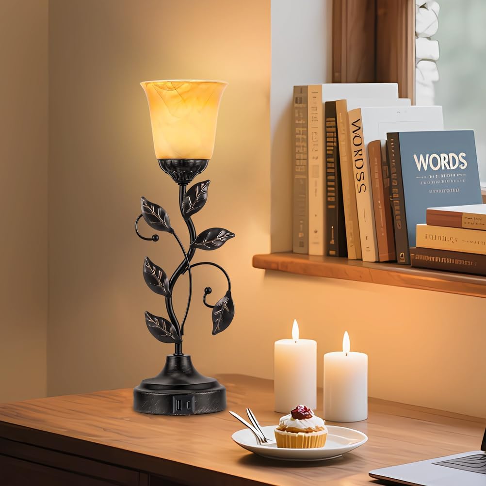 Vintage Bedside Touch Control Table Lamp 3 Way Dimmable, Amber Glass LED Reading Nightstand Light with 2 USB Charging Ports, Farmhouse Bronze Finish Leaf Desk Lamp for Living Room Bedroom