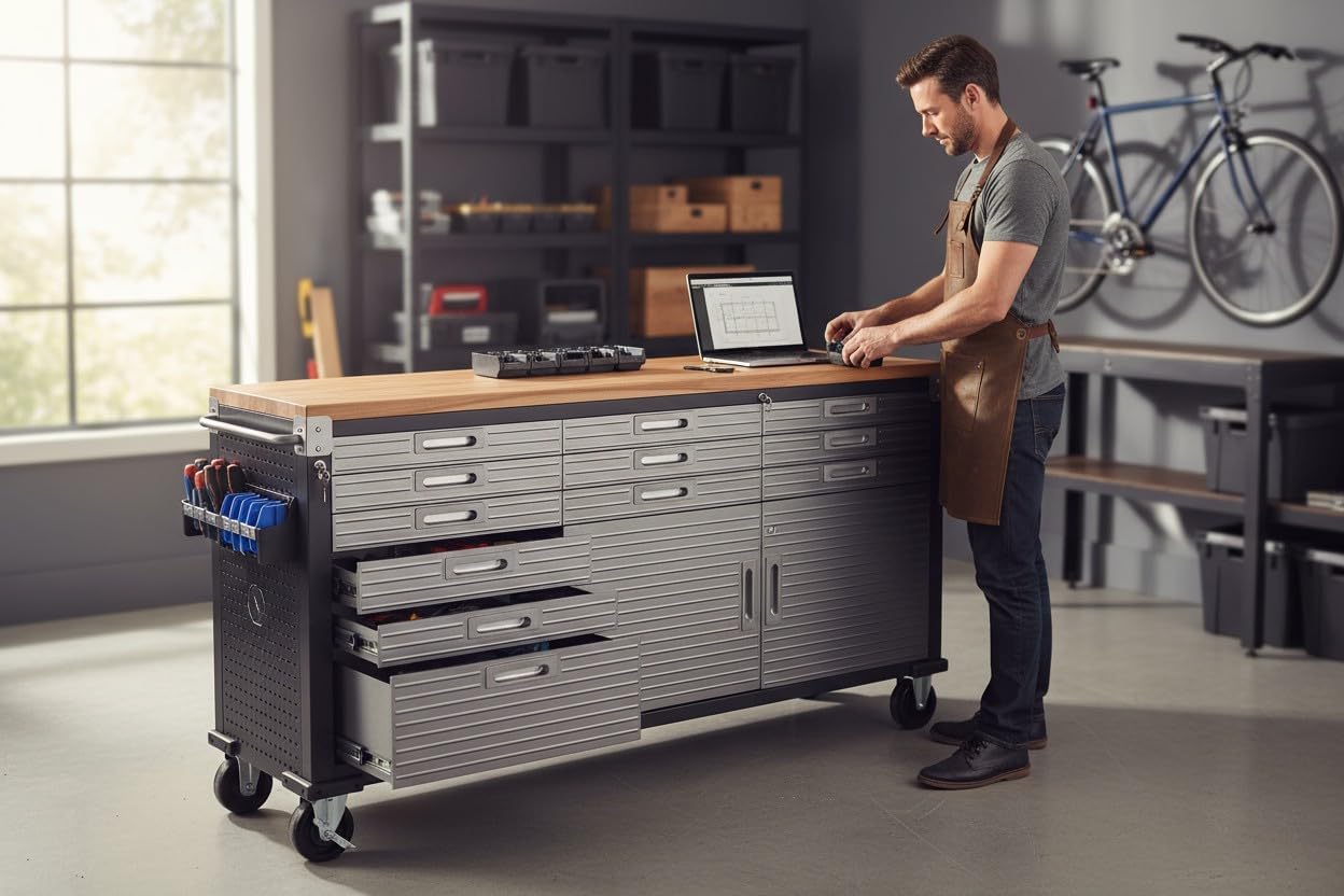 Heavy-Duty Rolling Workbench with Drawers and Cabinet, 77" W x 20" D x 37.5" H, (Graphite, 11 Drawer)