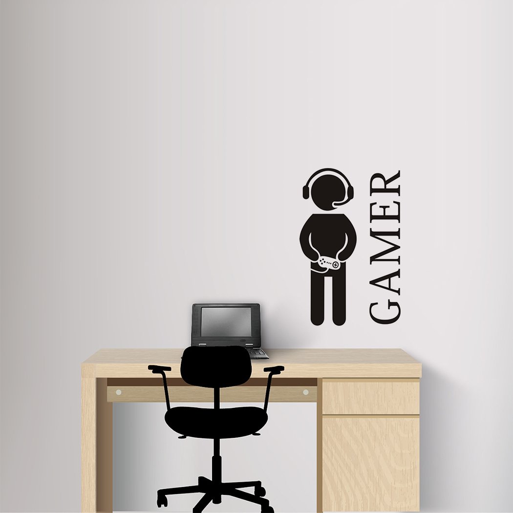 Gamer with Controller Wall Decal, Game Boy Decal Wall Sticker, Vinyl Art Design Sticker Wall for Home, Playroom Bedroom Decoration Wallpaper (23.6" x 15.8")