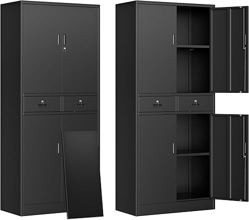 Miniatura 14 de BESFUR Gabinete de Almacenamiento de Metal, Gabinete de Almacenamiento de Acero con Cerradura de 71" de Altura con 2 Puertas y 4 Estantes para