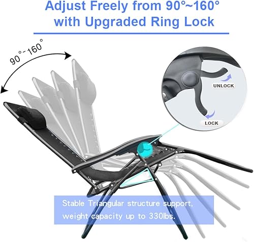 Miniatura 5 de YOMIFUN Juego de dos sillas de gravedad cero, silla reclinable plegable con almohada extraíble y mesa auxiliar, color negro