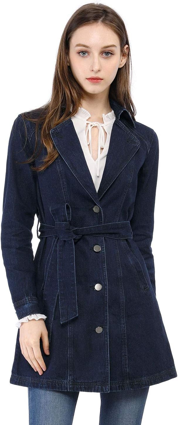 Allegra K Women's Trench Jean Jackets Notched Lapel Long Sleeve Denim Jacket - Image 2