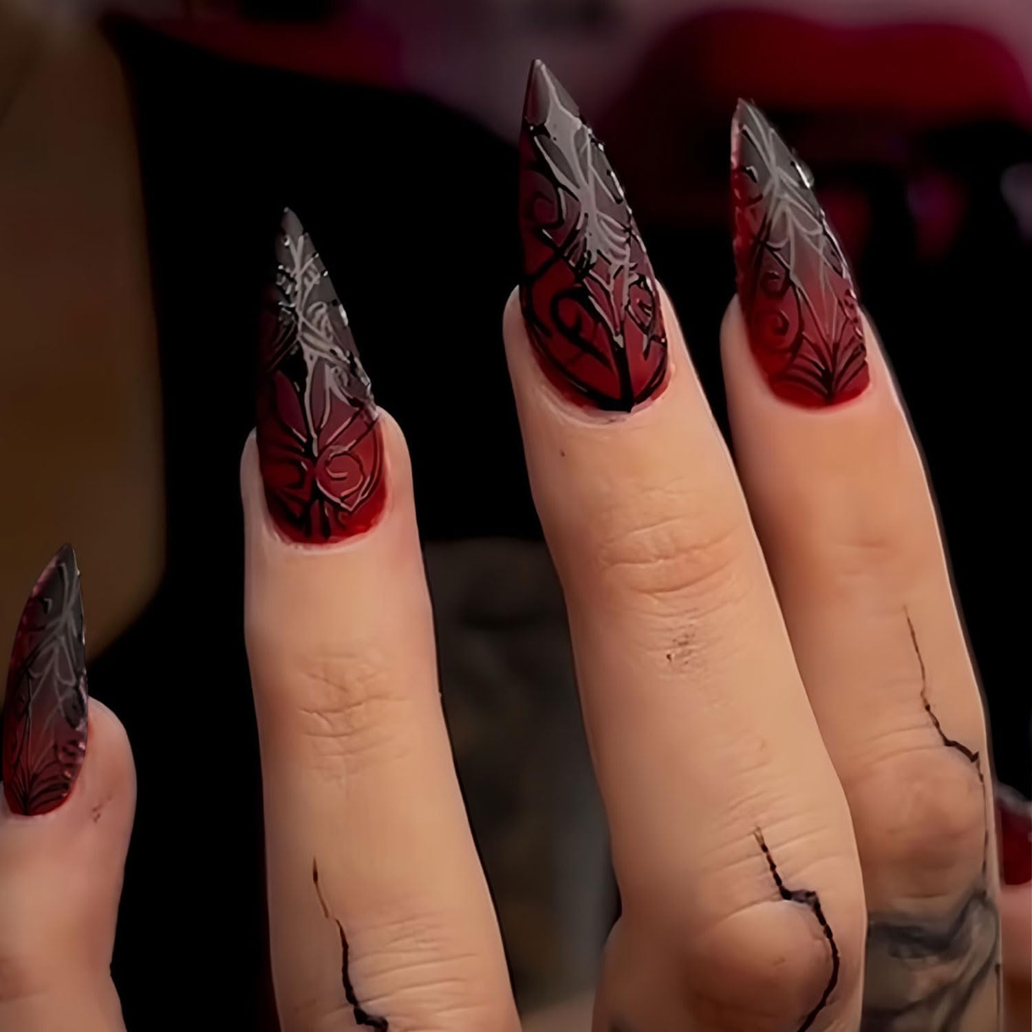 Halloween Press on Nails Medium Stiletto Almond Nails Press ons Black Red Fake Nails Full Cover Glossy Stick on Nail 3D Terror Stripe with Designs Glue on False Nail for Women 24Pcs