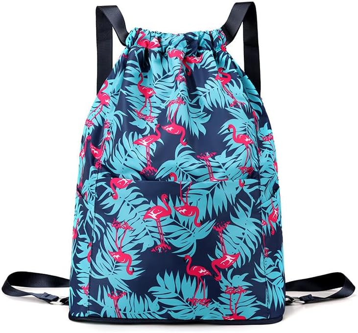 Drawstring Backpack Bag, Waterproof Draw String Back Sack with Zipper Pocket, Gym Drawstring Backpack Swimming Bag for Men Women, Pack of 1, Animal Pattern Printed, Flamingos