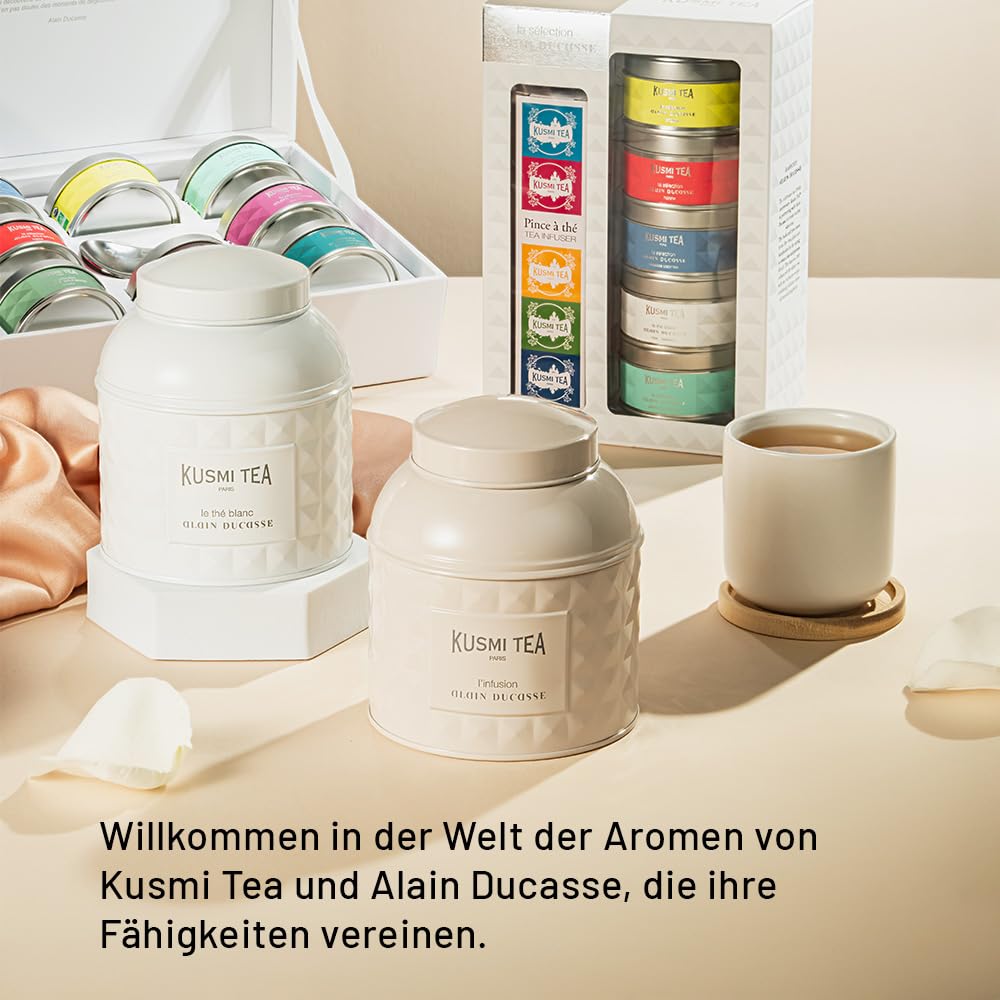 Kusmi Tea - Collection Alain Ducasse - 8 Miniaturen von Asiatischem Naturtee + Teelöffel - Sortiment von Bio-Tees - grüner und schwarzer Tee - Geschenkidee für Männer und Frauen - 8 Dosen zu 25g