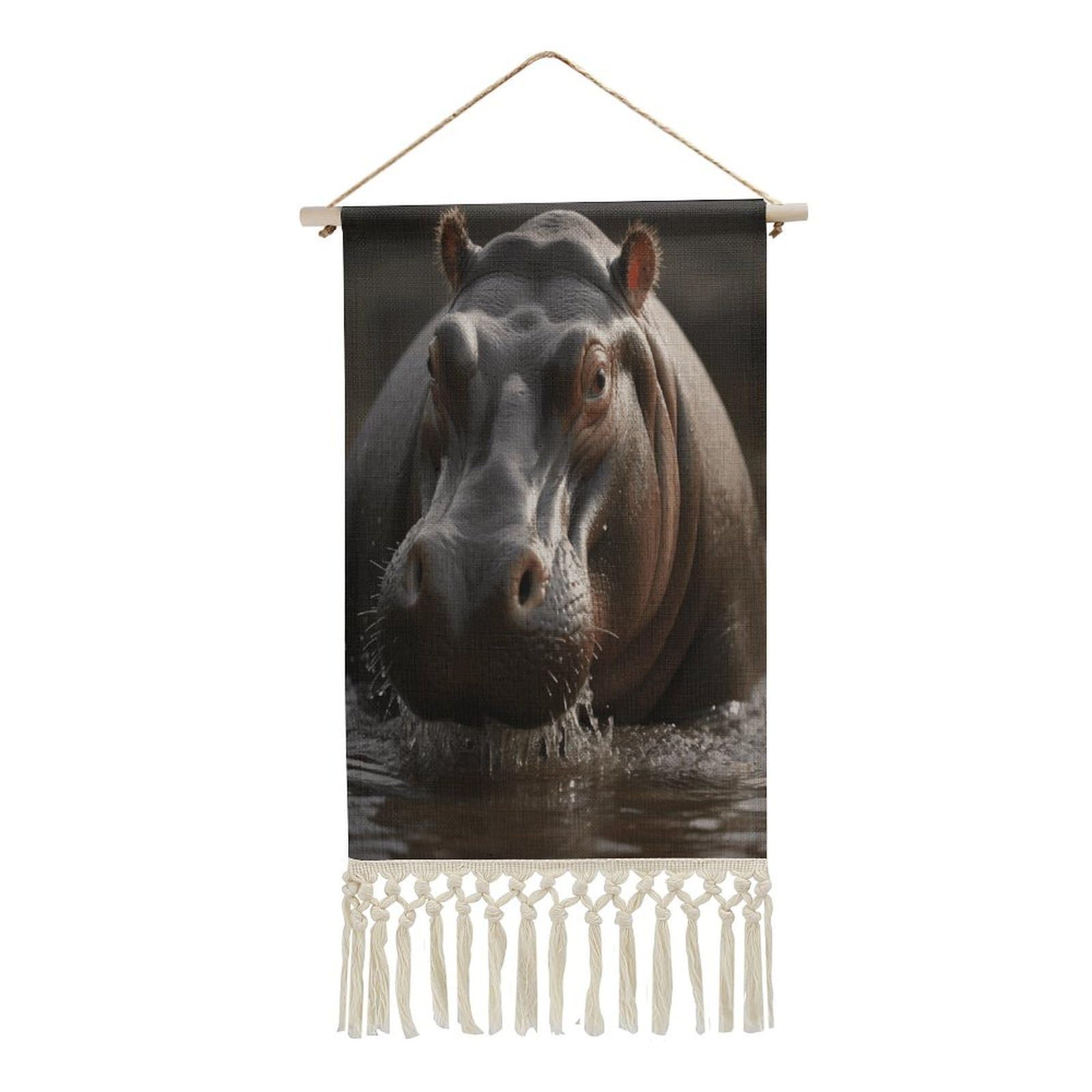 VstaDank Hippo Wall Art Decor with Tassels 20"x10" Cotton Linen Hanging Tapestry Decor Wall Art Prints Wood Frame Boho Wall Art Poster for Bedroom Living Room Office