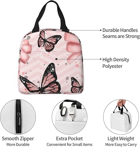 Miniatura 4 de EVANEM Bolsa de almuerzo aislada, caja de asas con diseño de mariposa rosa para mujeres y hombres, bolsas de almuerzo