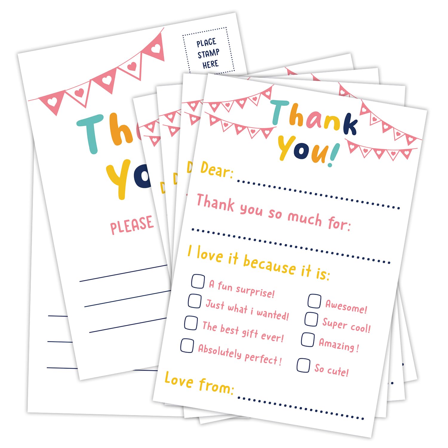 Zgogy Colorful Thank You Postcards for Kids, 25 PCS 4x6 No Envelope Needed Double Sided Design Post Cards, Kids Thank You Cards Fill in the Blank