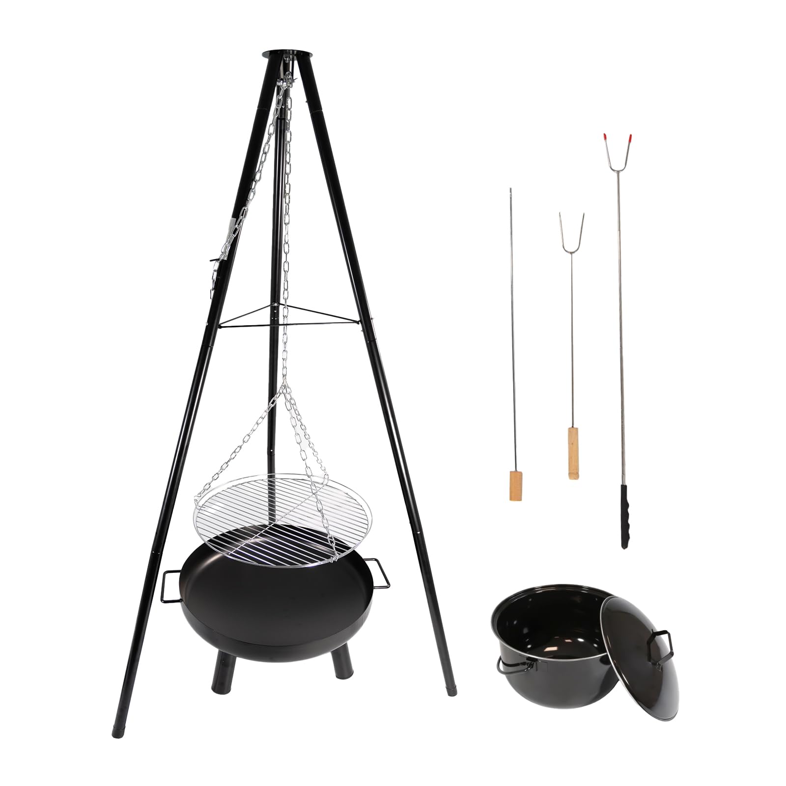 LEMODO Schwenkgrill mit Feuerschale, Dreibein Grill mit Grillrost, Hängegrill mit Gulaschkessel, 3 Bein Grill für BBQ, Grillgestell für Gulaschtopf, Holzkohlegrill mit Zubehör