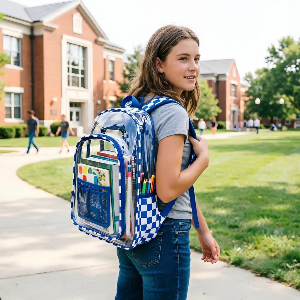 Fomaris Clear Backpack Heavy Duty PVC Plastic Clear Bookbag with Reinforced Straps for School Work, Girls Boys Adults- Checkered Blue