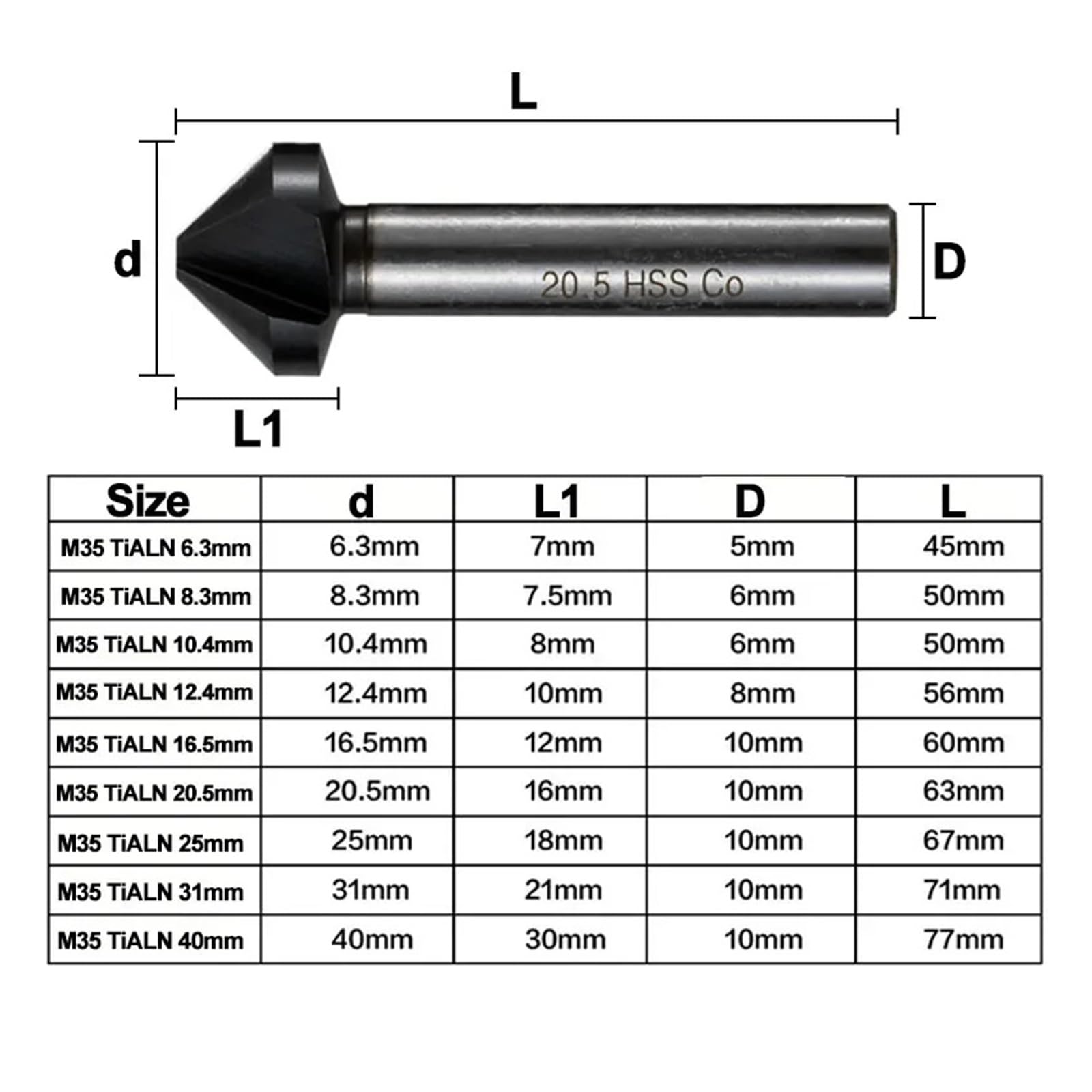 Juego de Brocas avellanadas 3 Flautas, Herramienta desbarbado 90 Grados, 6, a 40 mm, for Hierro, Aluminio, Acero Inoxidable, Placa Metal(M35 TiALN,40mm)