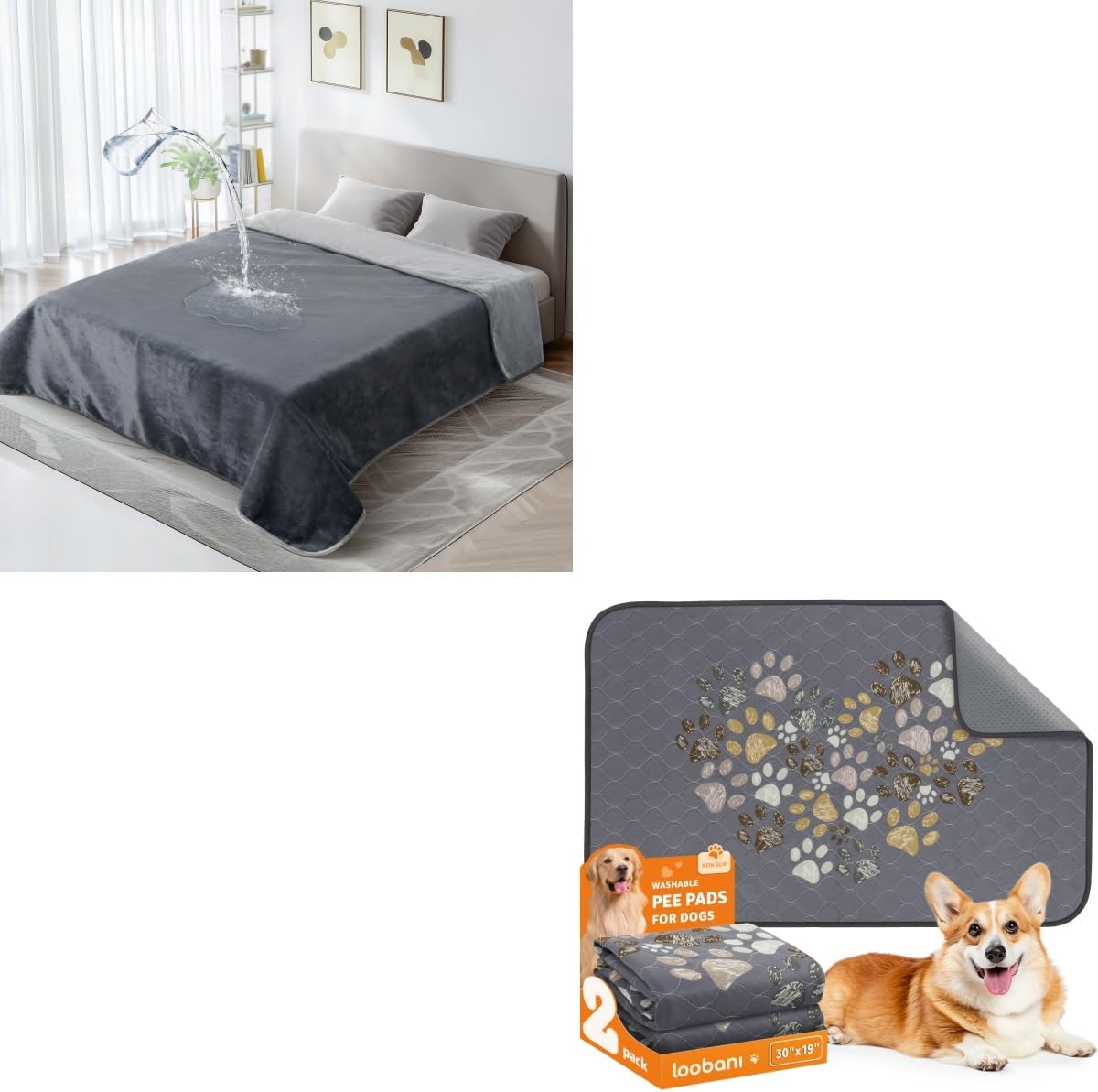 LOOBANI 1 Pack Waterproof Dog Blanket 60" x 80" and 2 Pack Reusable Dog Pee Pads 30" x 19"