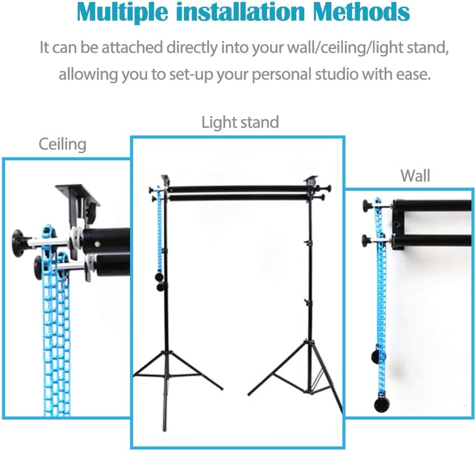 Photography Backdrop Double Roller Wall Mounting Manual Background Support System for Using Light Stand, Including Two Double Hooks, Four Expand Bars, Two Chain, Eight Screws