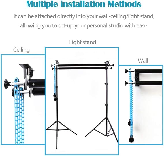 Photography Backdrop Double Roller Wall Mounting Manual Background Support System for Using Light Stand, Including Two Double Hooks, Four Expand Bars, Two Chain, Eight Screws