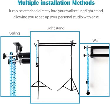 Photography Backdrop Double Roller Wall Mounting Manual Background Support System for Using Light Stand, Including Two Double Hooks, Four Expand Bars, Two Chain, Eight Screws