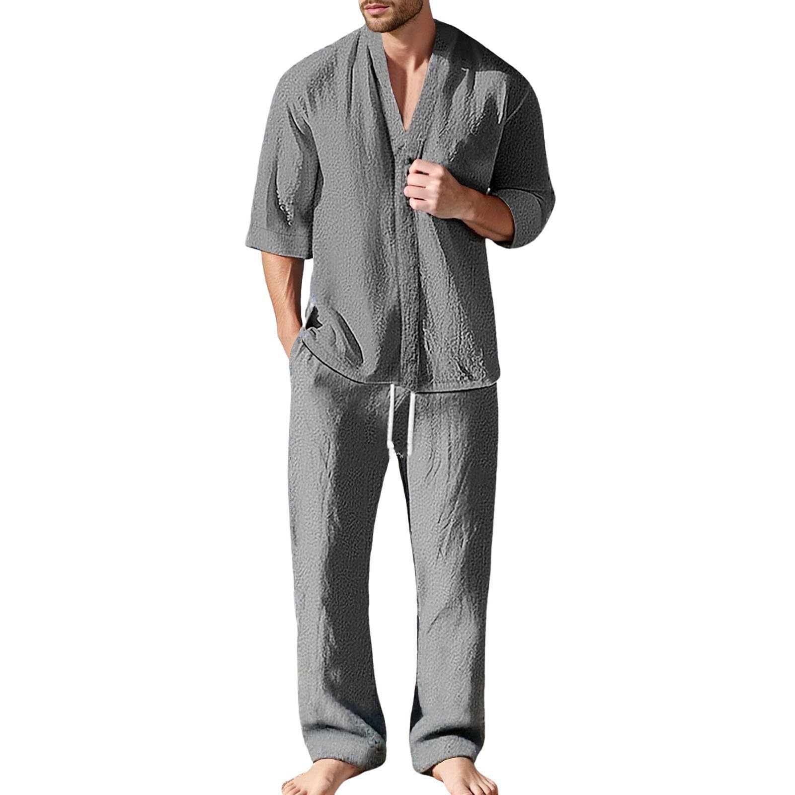 Men's Casual Suits 2 Piece Outfits Loose Fit Pure Color Summer Beach Shirts and Pants Sets Stylish (Grey, XXXL)