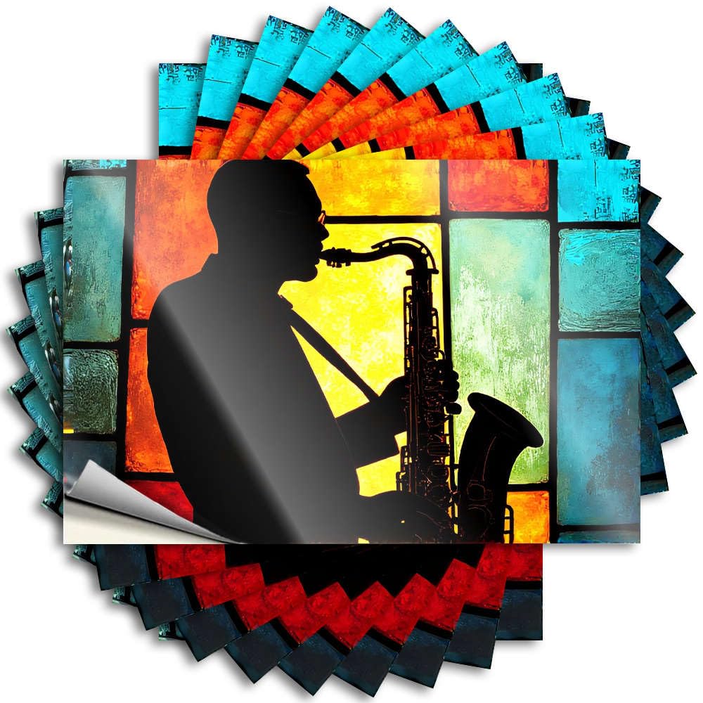Lettering Sticker Bathroom Stuff Vinyl Sticker | Silhouette of A Saxophonist Against Colorful Stained Glass. Feminist for Spring Use(8X12CM)
