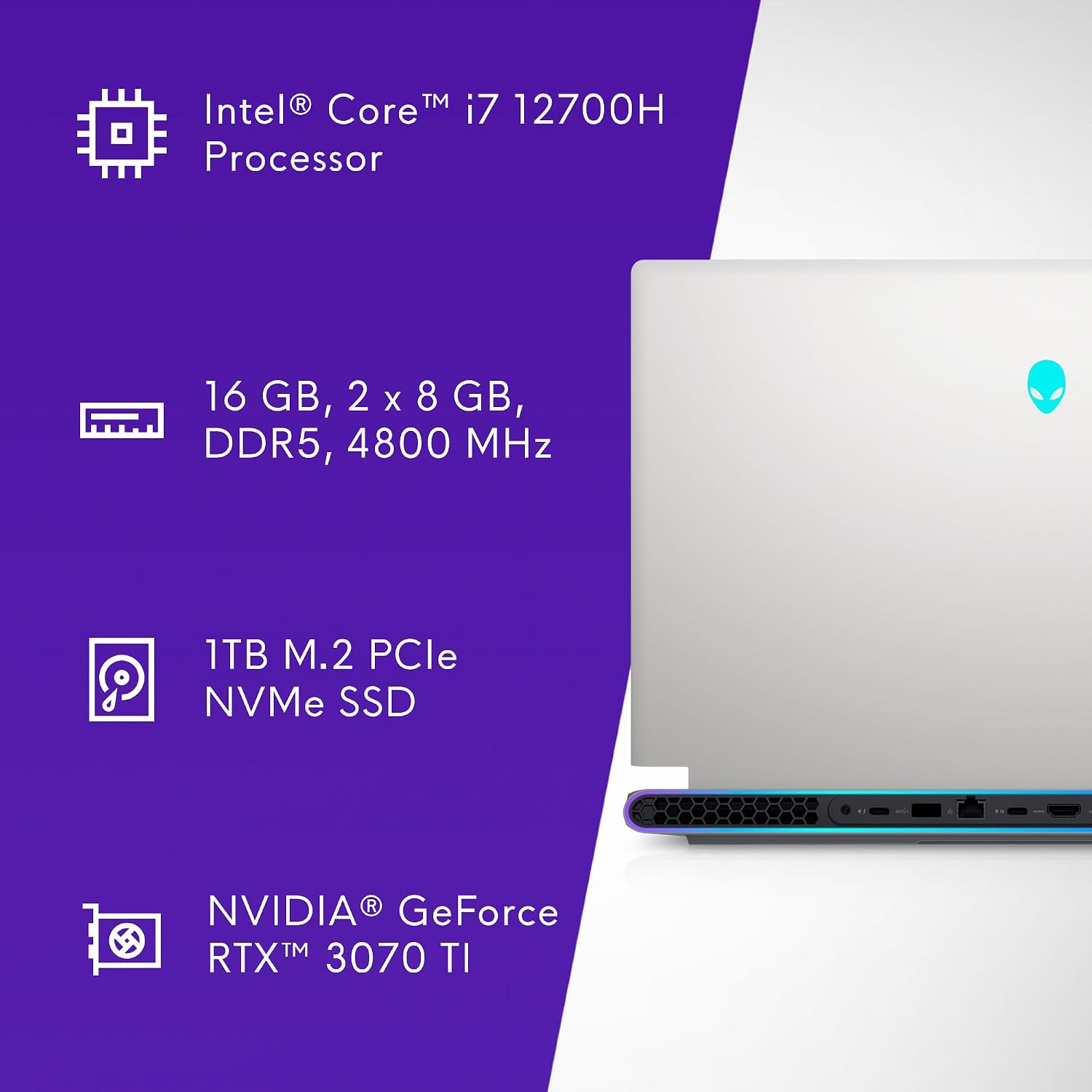 Alienware X17 R2 VR Ready Gaming Laptop - 17.3-inch FHD 360Hz 1ms Display, Core i7-12700H, 16GB RAM, 1TB SSD, NVIDIA GeForce RTX 3070Ti 8GB GDDR6, Bluetooth, Wi-Fi 6, USB-C, Windows 11 Home - White