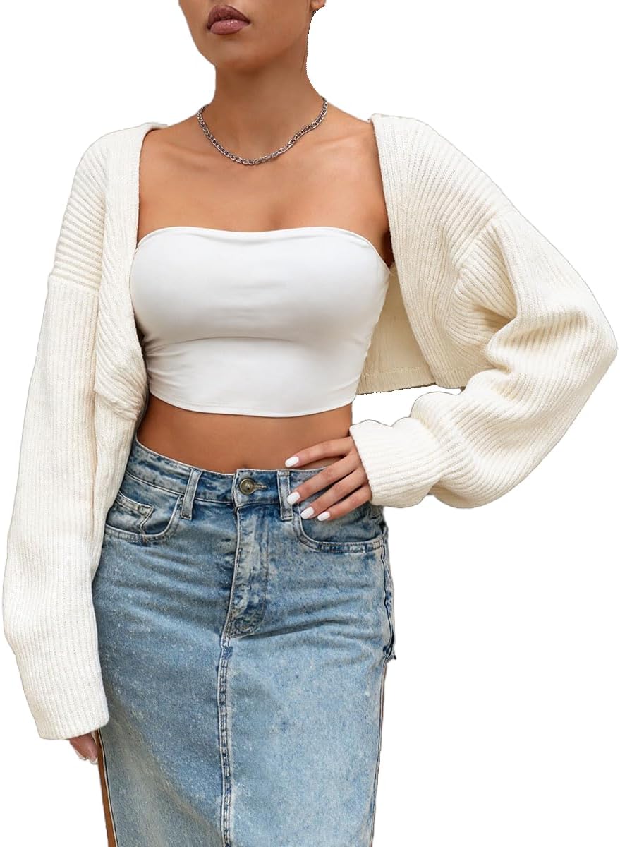 LOFAAC Women Y2K Open Front Rib Knit Shrug Crop Cardigan Solid Drop Shoulder Puff Long Sleeve Crop Bolero Sweater Tops - Image 2