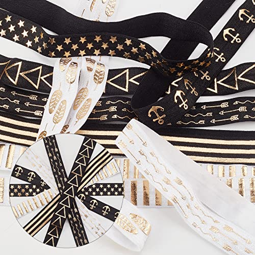 Gorgecraft 18 Yards Printed Glitter Fold Over Elastic Ribbon 5/8" Flat Heavy Stretch Foldover Elastic Knit Band High Elasticity Headband Trim For Diy Sewing Crafts Hair Ties Bow #TOP3