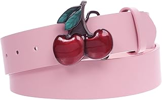 Women's Casual Jean Belt with Enameled Red Cherry Fruit Western Buckle