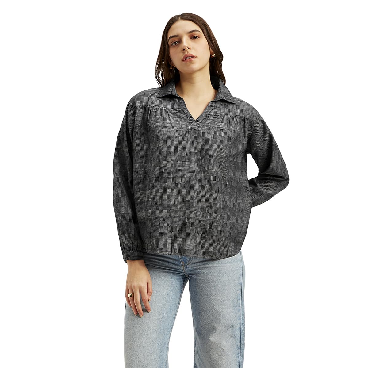 levi's Women's Abstract Charcoal-Grey Spread Collar Top-picture-14