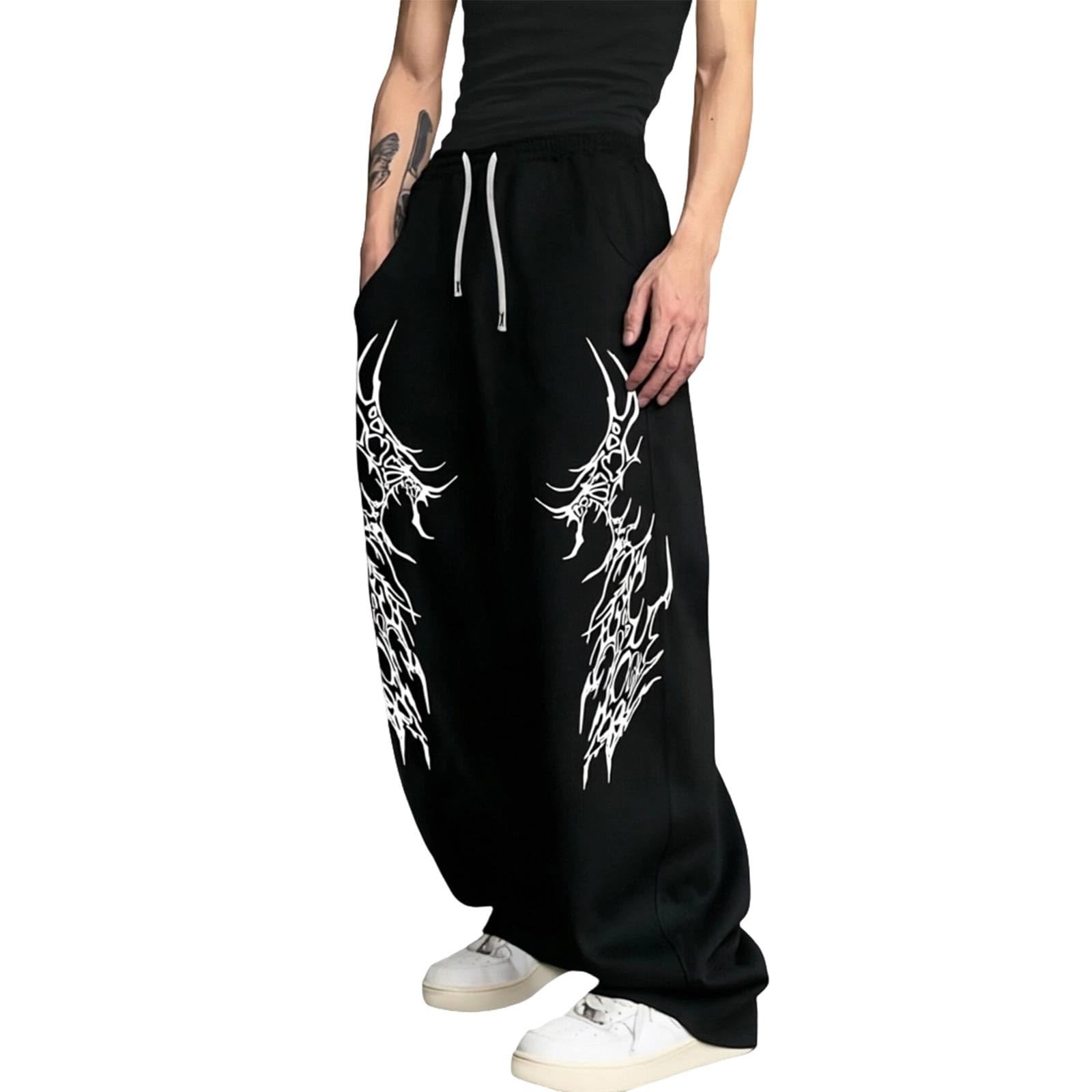 Fitness Hose Herren Gym Lang Sporthose Bodybuilding Trainingshose Y2K Jogginghose Baggy Sweatpants Gothic Punk Streetwear Weites Bein Freizeithose mit Kordelzug Elastischer Sweathose