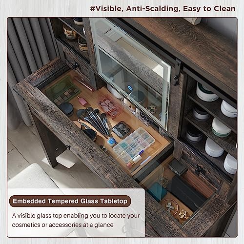 T4TREAM Farmhouse Makeup Vanity Desk with Sliding Mirror and Lights, 42'' Glass Tabletop Vanity Table with 2 Drawers & Shelves, Rustic Big Vanity Set for Bedroom, Dark Rustic Oak