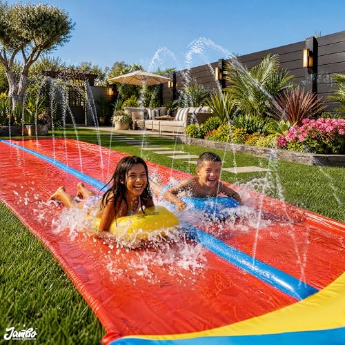 Image of JAMBO 32FT Extra Extra Long Slip Splash and Slide, 2 Bodyboards, Heavy Duty Water Slide with Inflatable Crash Pad, Double Lane Slip Slides, Outdoor Backyard Water Slides n Toys for Kids