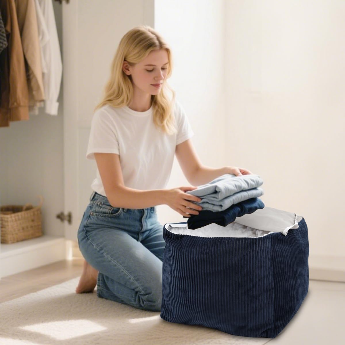Sexysamba Square Corduroy Pouf Cover Only, 20"x 16" Unstuffed Decorative Ottoman Foot Stool Rest, Washable Storage Bean Bag Chair Floor Pouf Covers for Living Room Bedroom, Navy Blue image 2