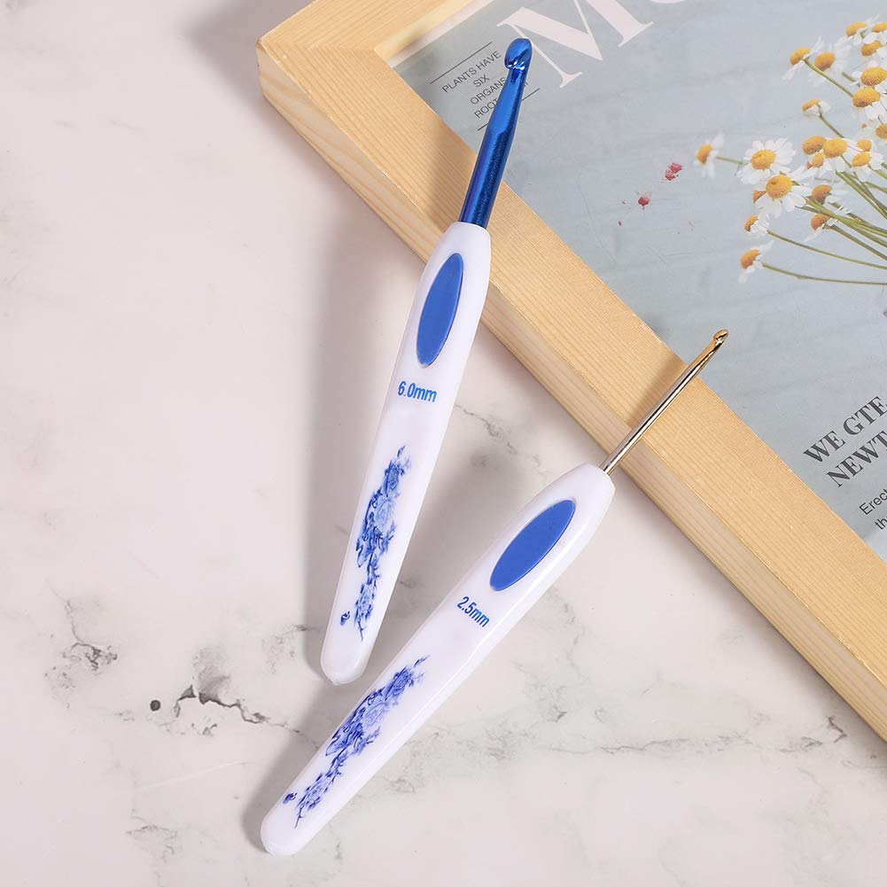Crochet Hooks Kit with Case, DIY Knitting Tool Hook Aluminum Set Blue Case, amp; White Porcelain Pattern Handle Needles Omic Kits (Blue crochet set)