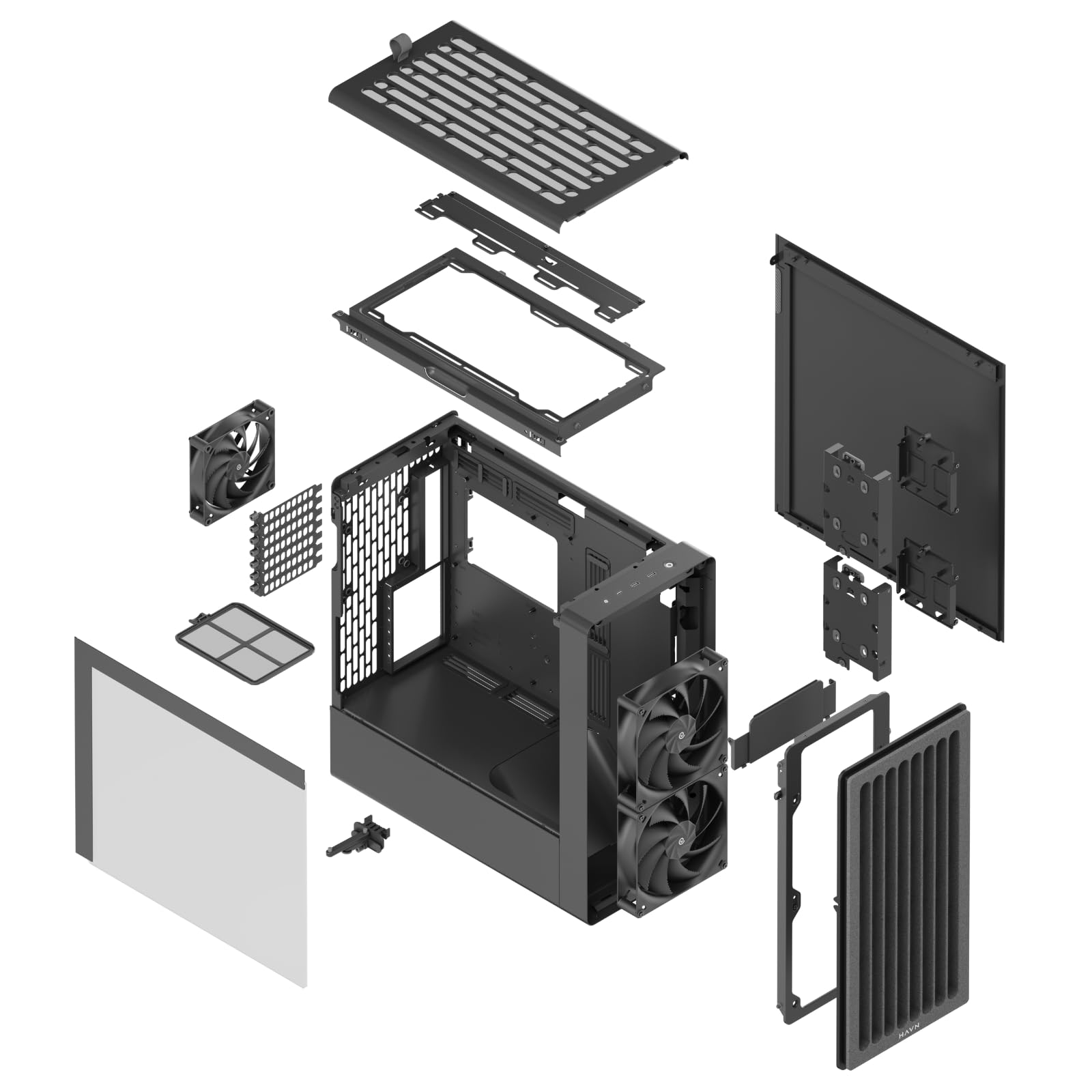 HAVN BF 360 FLOW High Airflow ATX Mid Tower PC Case, półotwarta stalowa rama SGCC, proste zarządzanie kablami, 2 x wentylator 180 mm, 1 x wentylator 140 mm 360 mm, panele magnetyczne - czarna