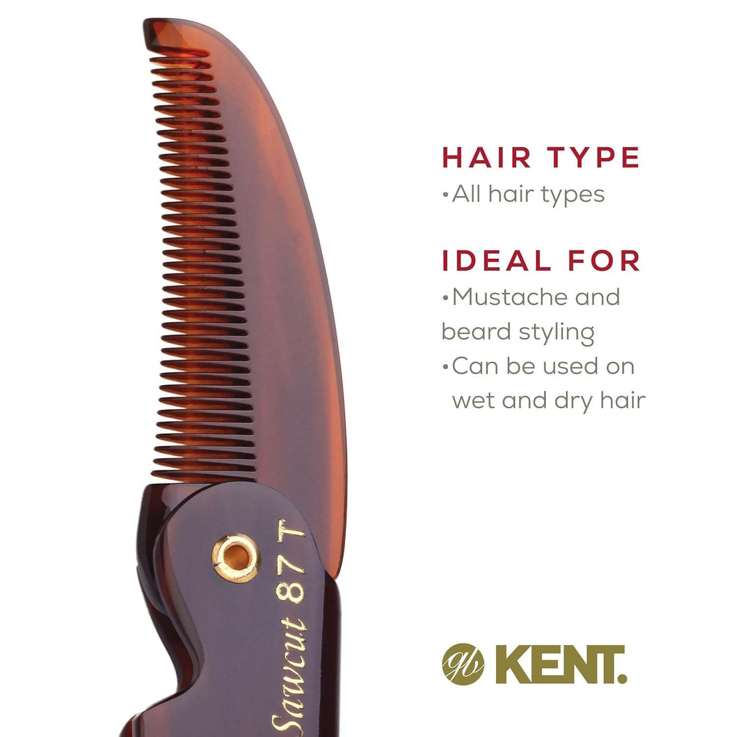Kent 87T Combo Handmade Folding Pocket Comb for Men, Fine Tooth Hair Comb Straightener for Everyday Grooming Styling Hair, Beard or Mustache, Use Wet or Dry, Saw Cut Hand Polished, Made in England