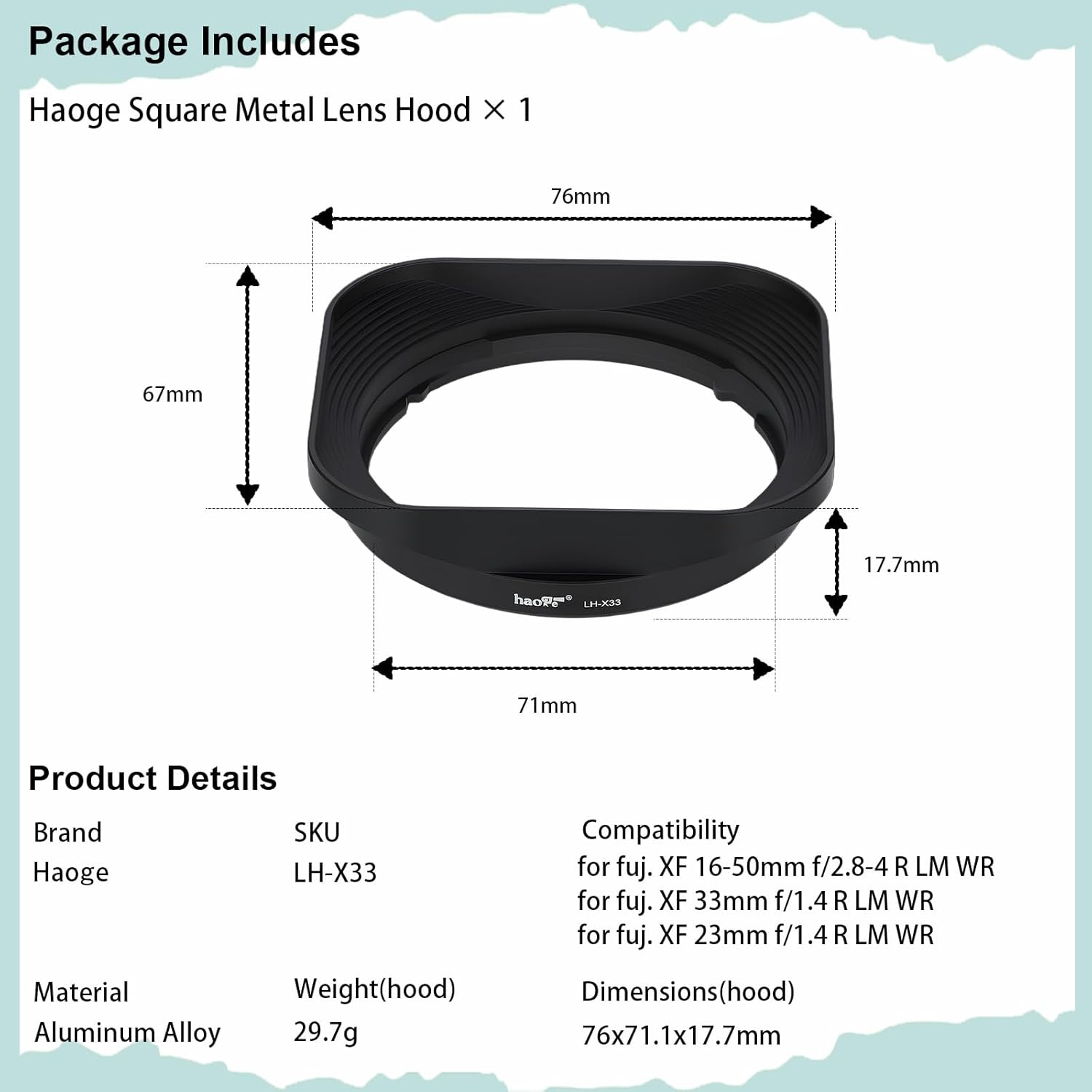 Haoge LH-X33 Lens Hood Metal Square Bayonet for Fujinon XF16-50mm F2.8-4.8 R LM WR,XF33mm F1.4 R WR Lens, Fuji XF 33mm f/1.4 R LM WR Hood Shade