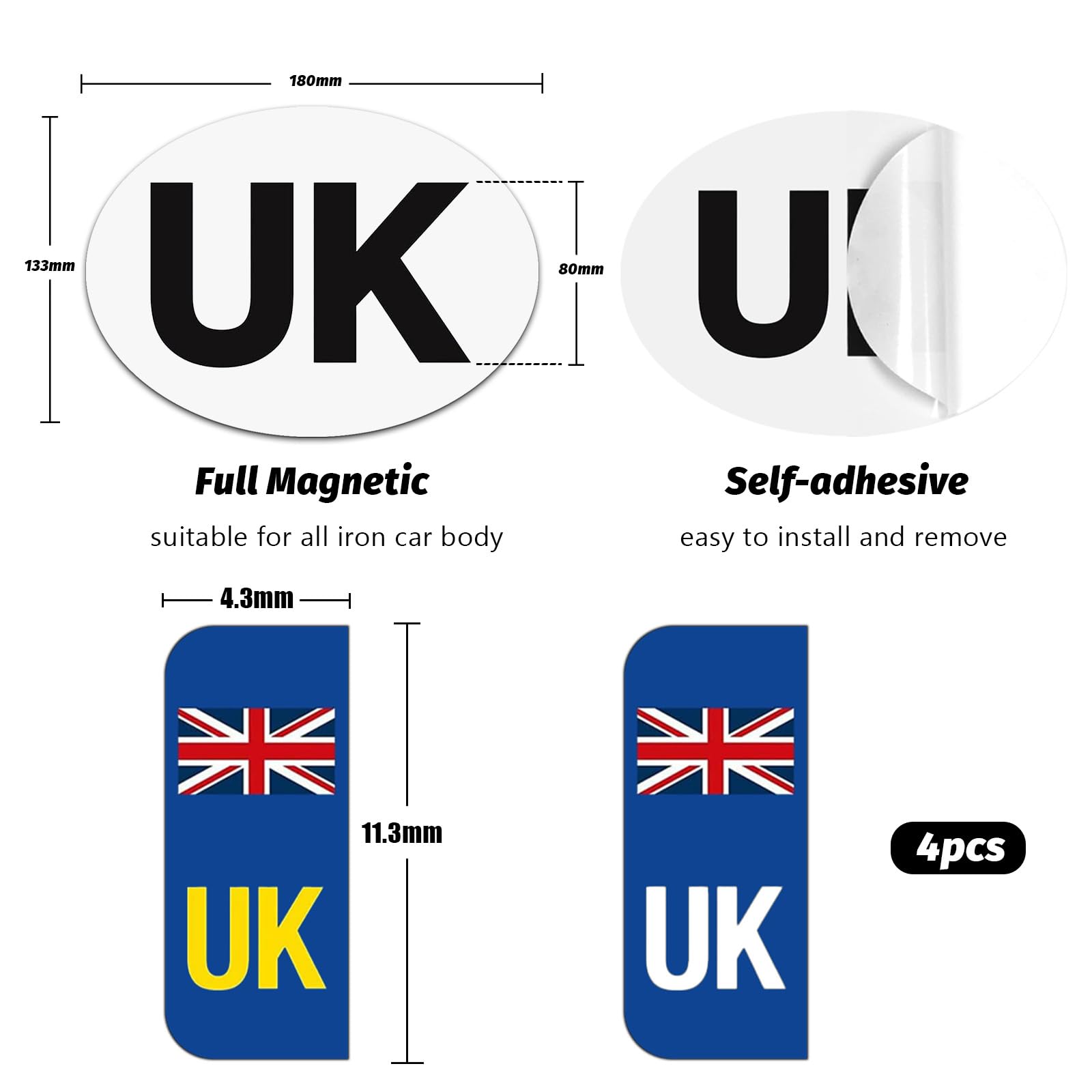 UK Stickers for Car Europe - 4 Pcs Hybrid Set with 1x Magnetic & 1x Self-Adhesive UK Oval Identifier (180x133mm), 2x Reflective Number Plate Stickers (White & Yellow) for Post-Brexit EU Travel — view 2