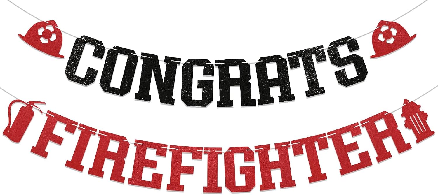Congrats Firefighter Banner - Fireman Graduation Decorations, Fire Academy Graduation Party Decoration Supplies for Fireman Black Red Glitter