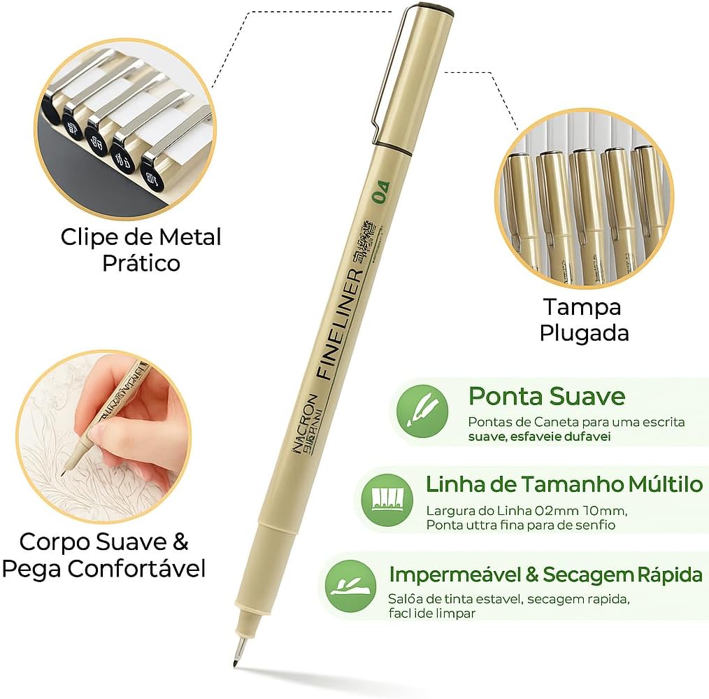 Kit 12 Canetas Nanquim Profissional para Mangá Desenho Técnico Artístico Lettering Brush Sakura Caligrafia Kit Precisão Projetos Caligrafia