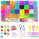 🌸Diese gummiband für armbänder ist mit allen Werkzeugen ausgestattet:2500+ loom bänder，100-Buchstabenperlen, 40-Rohrperlen, 15-Fruchtperlen, 10-Charm-Anhänger, 3-Y-Webstühle, 3-Kunststoff-Häkeln, 2-Schlüsselanhänger, 48-S-Clips