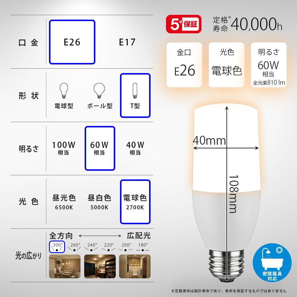Amazon | TOSHIBA(東芝) LED電球 E26 T形 60W相当 広配光 電球色 2P
