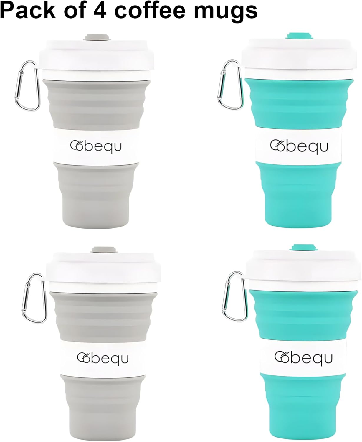 BEQU 550ml/18 Fl Oz Collapsible Silicone Coffee Mug Tumbler, Reusable, BPA Free, Dishwasher-Safe, Portable, Leak Proof, Use for Home Office Sports Travel Gym Camping Hiking (4PK Gray-Turquoise)