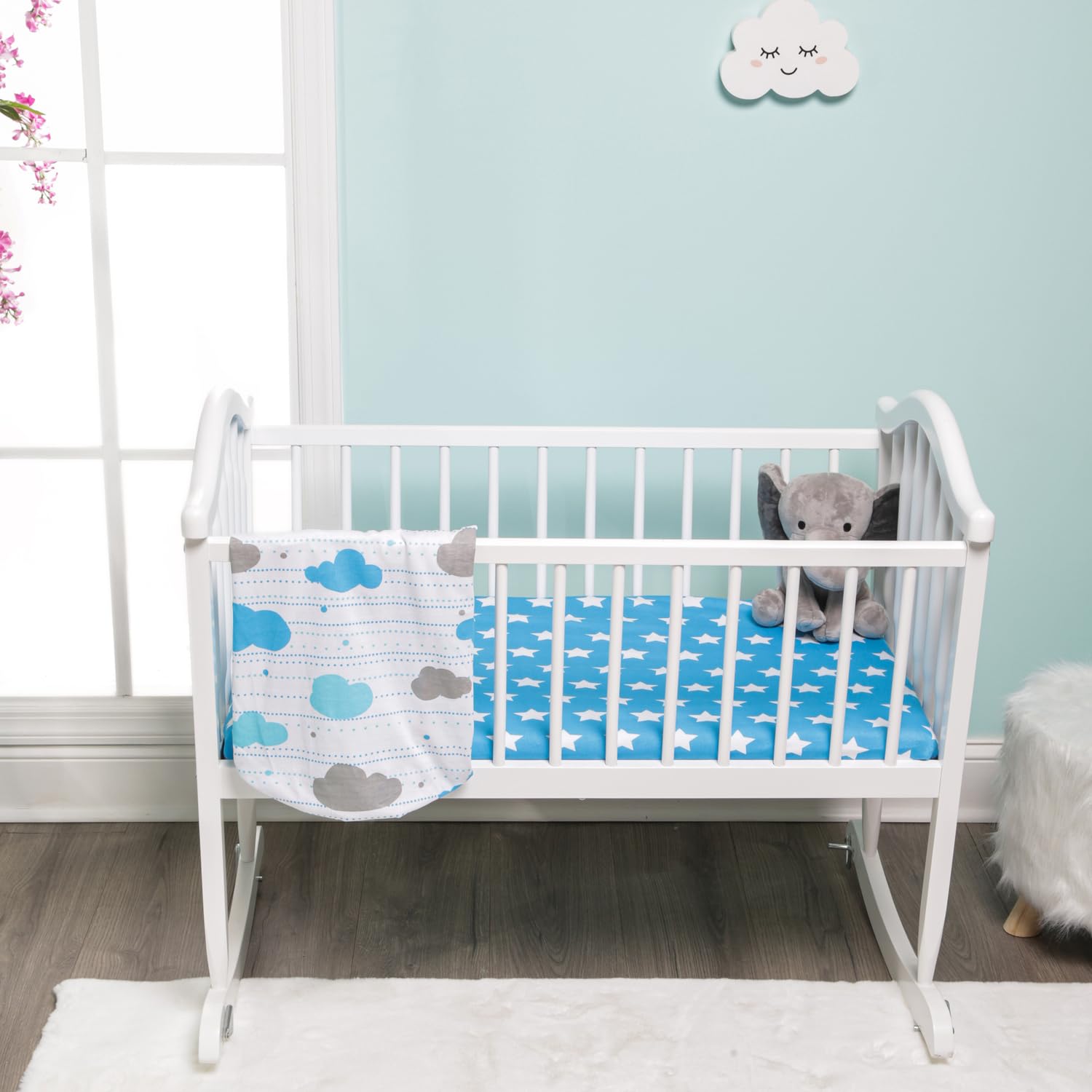 EVERYDAY KIDS 2 Pack Baby Cradle Sheets - Fitted Set for Baby Boy; 100% Cotton Jersey Knit, Breathable and Soft Cradle Mattress Pad Cover; Blue and Gray Cloud Sheet with Blue and White Star Sheet