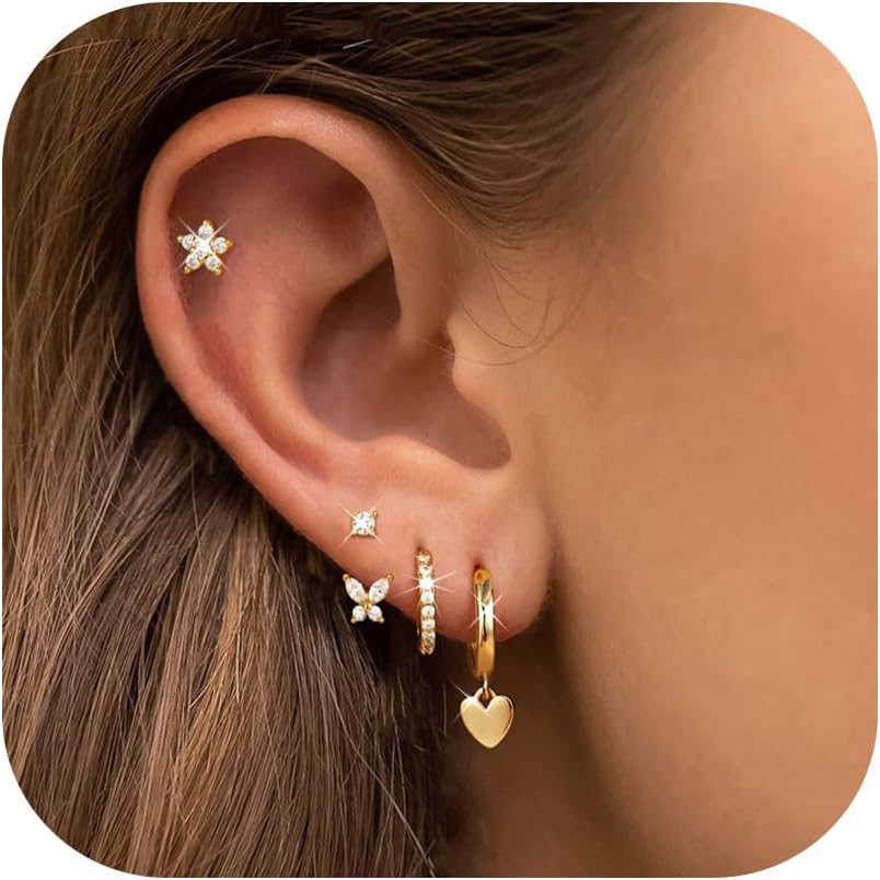 4 Pairs Sterling Silver Hypoallergenic Earrings for Women 14K Gold Plated Stud Hoop Earrings Stacks for Multiple Piercings Sensitive Ears Cartilage Huggie Earring Jewelry Gifts