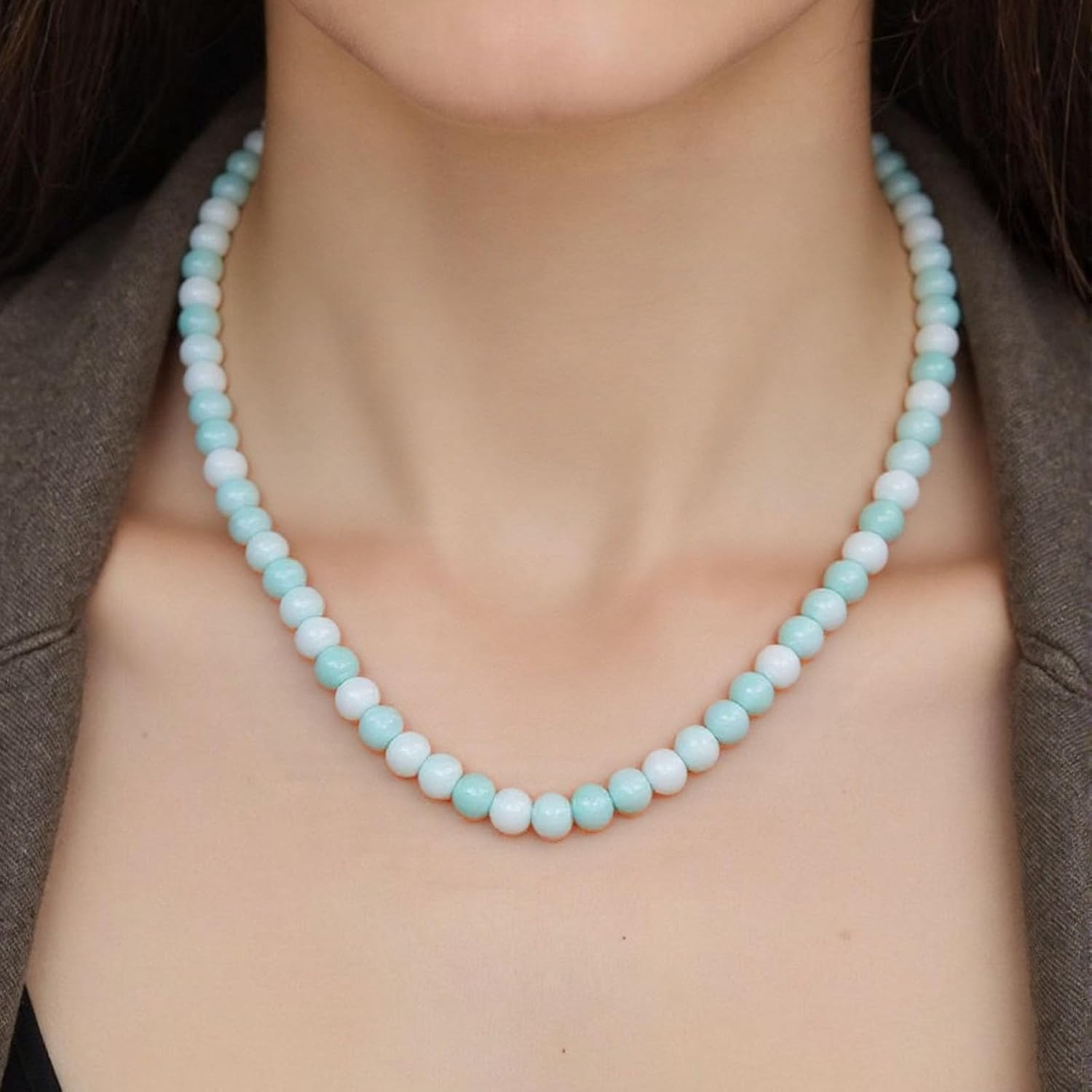 Vintage Light Blue Round Bead Necklace Turquoise Strand Necklace Natural Blue Gemstone Choker Necklaces Round Stone Beads Necklaces Jewelry for Women