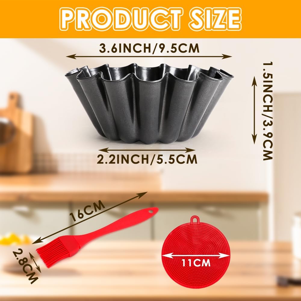 12 pcs Egg Tart Molds, 3.6" Mini Tart Pans, 1.2'' Deep Non-Stick Carbon Steel Mini Tart Panw/Oil & Dish Brushes for Cupcake Cake Muffin Mold Tin Pan, Baking Set Tool